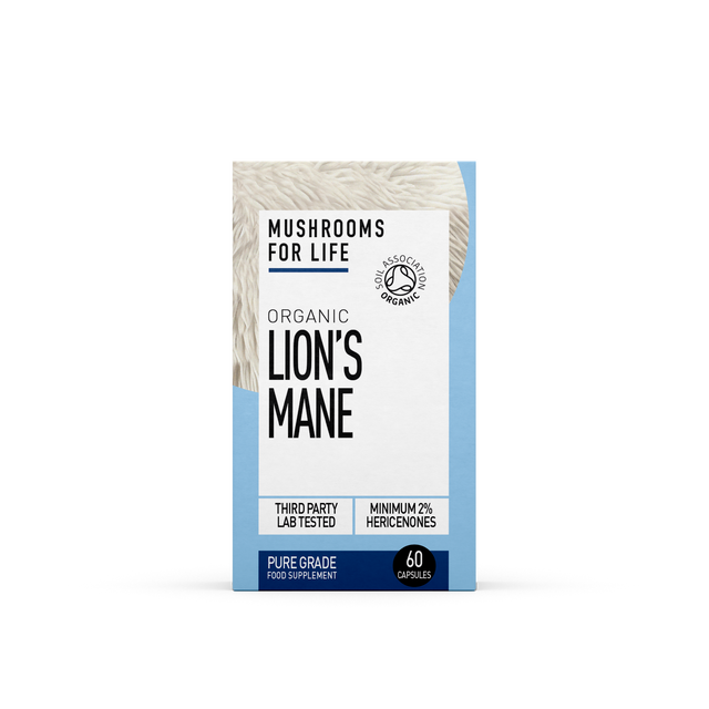 Fresh organic Lion's Mane mushroom capsules in a clear bottle, showcasing the product's natural and pure form