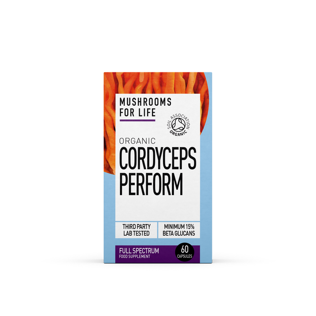 Premium Organic Cordyceps Perform Capsules showcasing the product's packaging and capsules in a natural setting