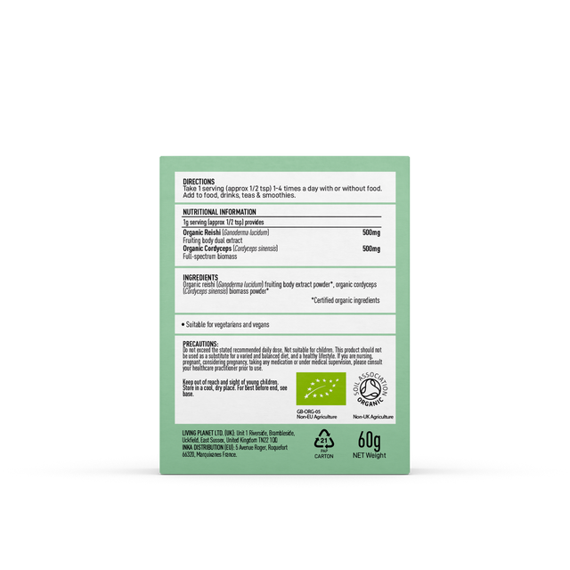 Organic Myco O2 Myco Blend Powder in 60g packaging, showcasing a nutrient-rich blend of beta-glucans and triterpenes from expertly grown mushrooms in nature-identical conditions