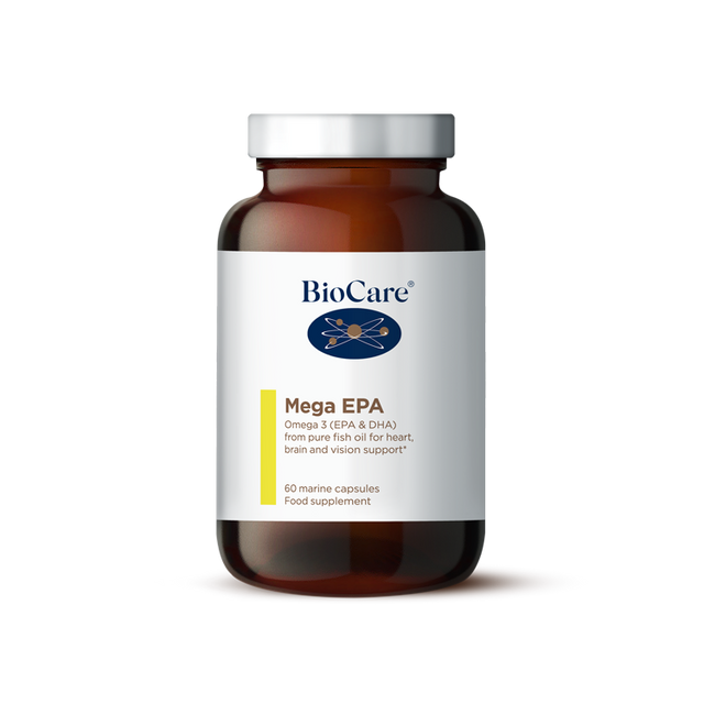 A close-up of BioCare Mega EPA 60 capsules, high potency fish oil supplement in natural triglyceride form for heart and tissue support
