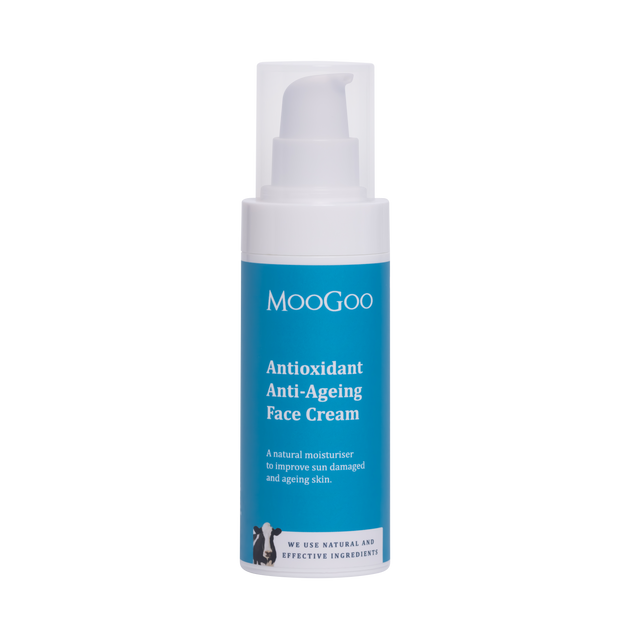 A jar of MooGoo Anti-Ageing Antioxidant Face Cream, 75g, featuring natural ingredients like olive squalane, resveratrol, and oil-soluble vitamin C, designed to moisturise and support healthier, younger-looking skin by reducing sun damage and oxidative stress