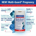 An image displaying two tablets from Lamberts Multi-Guard Pregnancy supplement alongside the box, highlighting the product's emphasis on prenatal nutrition