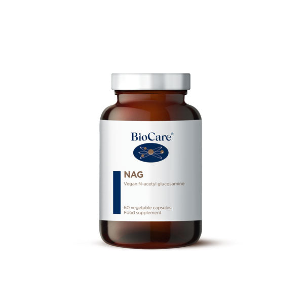 A bottle of BioCare NAG (N-Acetyl Glucosamine) 60 capsules, showing the label with product information and dosage instructions