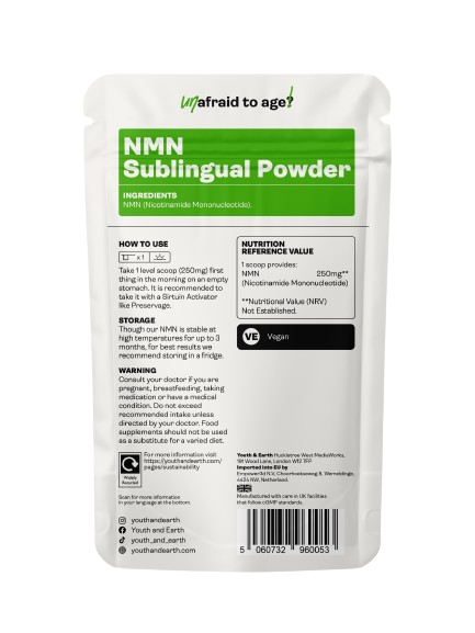Close-up of the Youth & Earth NMN Powder sachet and a spoon demonstrating the powder's texture