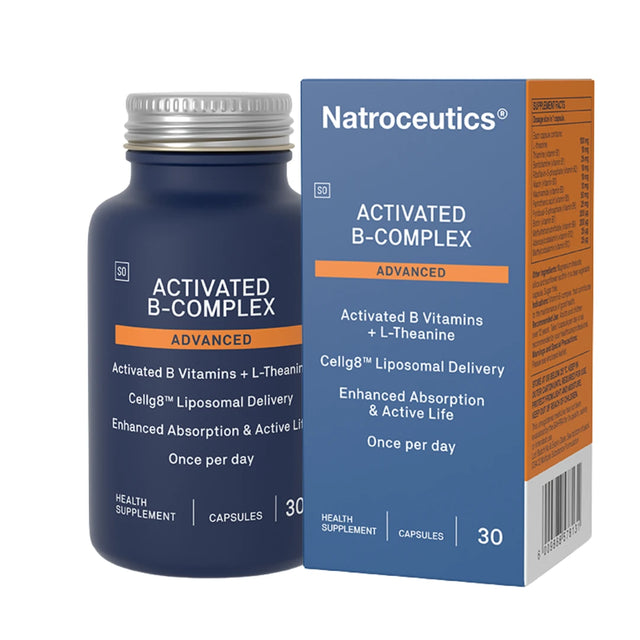 A close-up of Natroceutics Natro-Activated B Complex capsules highlighting their clear vegetable capsule and detailed ingredient list, designed to support energy, nerve, and cardiovascular health through enhanced absorption of methylated B-vitamins