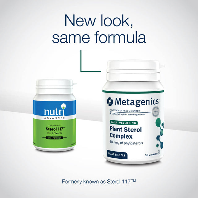 An image displaying the Nutri Sterol 117 bottle alongside natural ingredients like pine bark extract and plant oils