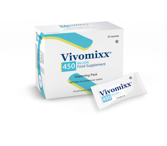 Image of Vivomixx 450 Billion probiotic supplement sachets, containing eight bacterial strains, stored in individual sachets for digestive health support