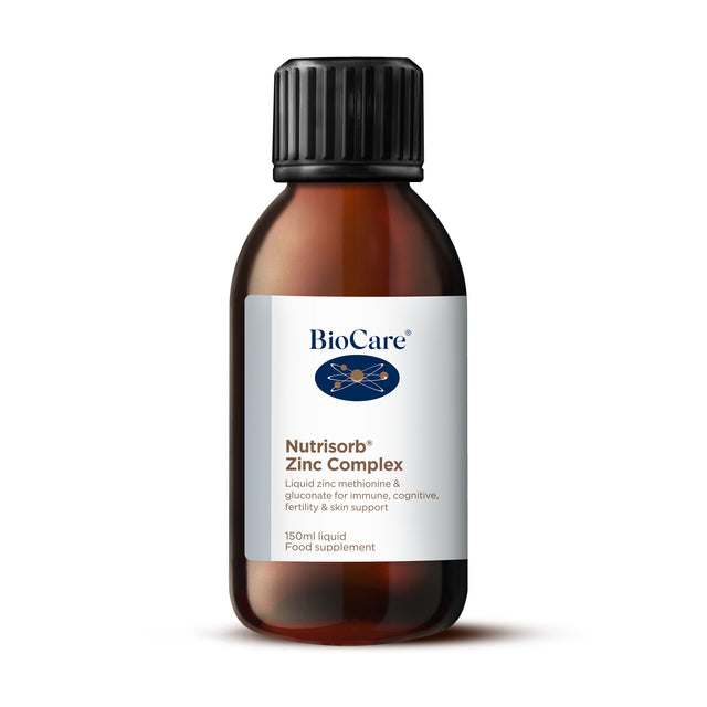 A 150ml bottle of Biocare Nutrisorb Liquid Zinc Complex, showing the clear liquid inside and the product label highlighting zinc methionine and gluconate ingredients, designed for easy absorption and flexible use in supporting immunity, skin health, and DNA synthesis