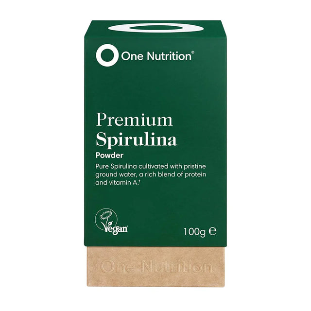 Organic green spirulina powder from One Nutrition, vegan superfood rich in protein, vitamins, antioxidants, supporting energy and immunity