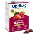 Front view of a transparent packet of OptiBac Gut Health Gummies highlighting the plastic-free, compostable packaging