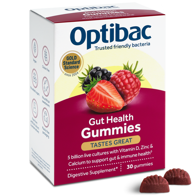 Front view of a transparent packet of OptiBac Gut Health Gummies highlighting the plastic-free, compostable packaging
