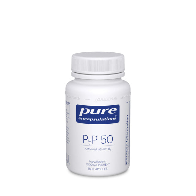 A bottle of Pure Encapsulations P5P 50, 180 vegetarian capsules containing active vitamin B6 (pyridoxal-5′-phosphate), designed to support nervous system health, reduce fatigue, and regulate hormonal activity
