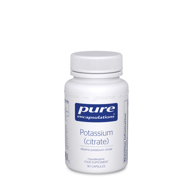 A bottle of Pure Encapsulations Potassium (Citrate) capsules with a label detailing 90 vegetarian capsules, providing 200 mg of well-absorbed alkaline potassium citrate each, designed to support normal blood pressure, nervous system, and muscle function