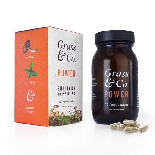 Grass & Co. POWER Shiitake Mushrooms with Holy Basil + Iron ,  60 Vegan Capsules