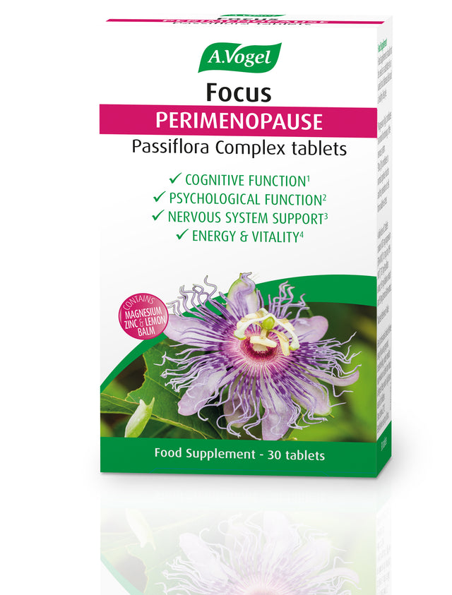 AVogel Focus Perimenopause Passiflora Complex Tablets with Passion Flower, Valerian Root, Lemon Balm, Magnesium, and Zinc for Nervous System Support and Cell Protection, 30 tablets