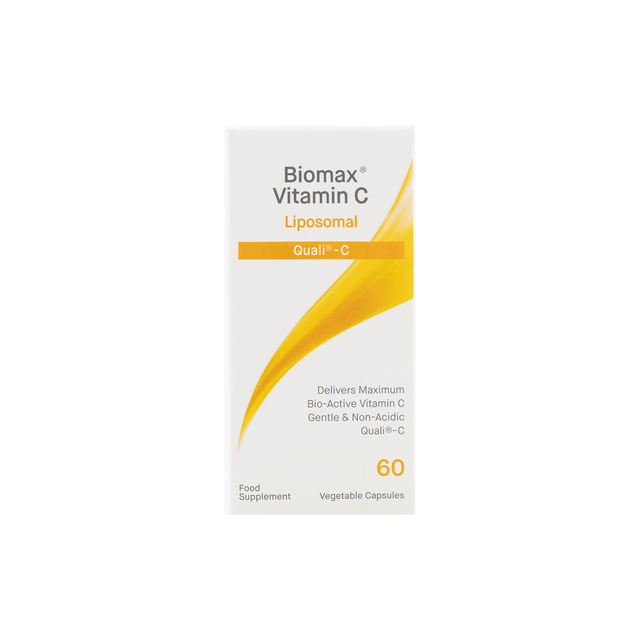 Close-up of Coyne Healthcare’s Biomax Vitamin C Liposomal capsules showing the transparent gel capsules filled with Vitamin C liposomes