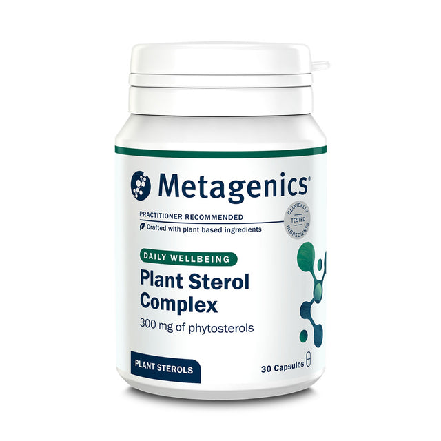 A close-up of Nutri Sterol 117 capsules showing the vegetable cellulose shell and detailed label