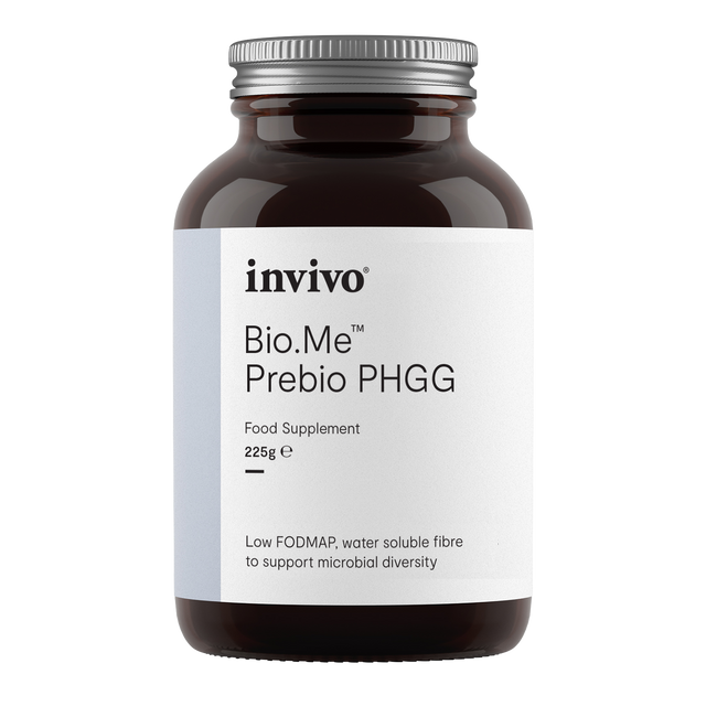 A clear image showing Invivo BioMe Prebio PHGG powder in a jar alongside a spoon