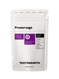 A close-up of two capsules of Youth & Earth Preservage 410mg supplement with detailed label showing ingredients and dosage