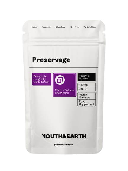 A close-up of two capsules of Youth & Earth Preservage 410mg supplement with detailed label showing ingredients and dosage