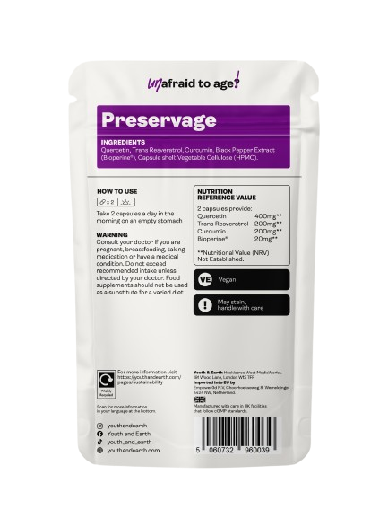 An image displaying the bottle of Youth & Earth Preservage 410mg capsules alongside the supplement packaging, highlighting the natural ingredients and dosage information
