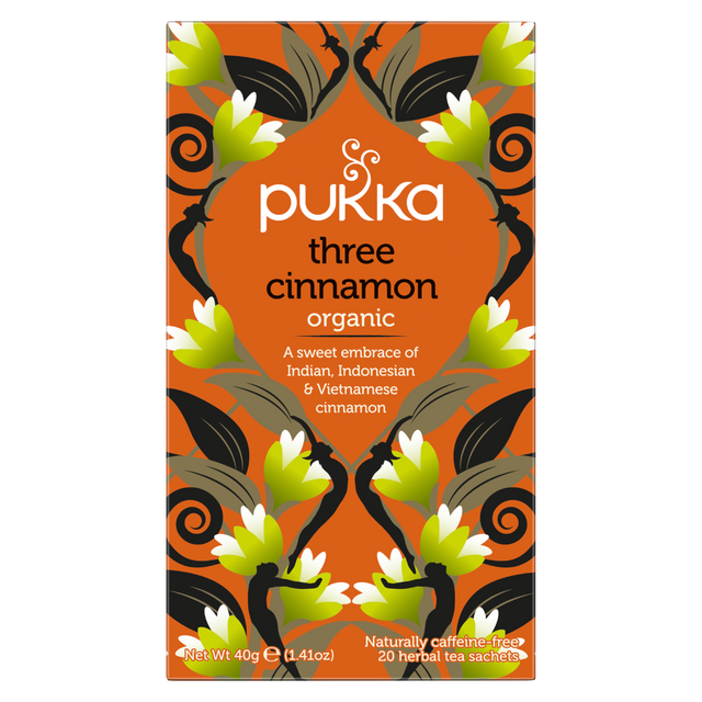 A box of Pukka Three Cinnamon tea containing 20 tea bags, featuring rich, spiced organic cinnamon blends with Vietnamese, Indonesian, and Indian cinnamon bark, designed to warm and invigorate