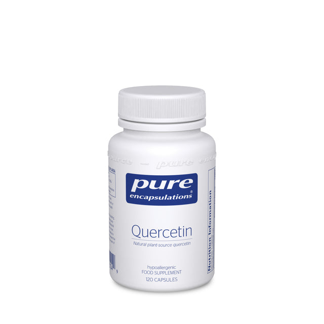 A bottle of Pure Encapsulations Quercetin capsules containing 120 vegetarian capsules, made from natural plant-source quercetin known for its bioactivity, with a label highlighting the 250 mg per capsule strength