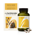 A jar of The Herbtender Rise & Shine capsules featuring a natural herbal supplement with fresh herbs and capsules