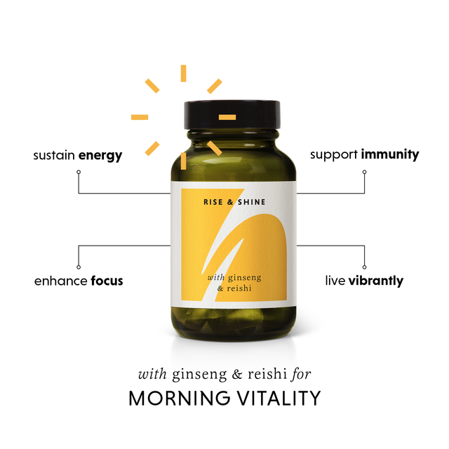 Close-up of the Rise & Shine 60 capsules jar displaying herbal supplement capsules with natural ingredients