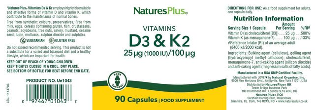 Nature's Plus Vitamin D3 1000iu with Vitamin K2 100mcg, 90 VCapsules