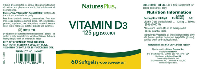 Nature's Plus Vitamin D3, 5000iu, 60 SoftGels