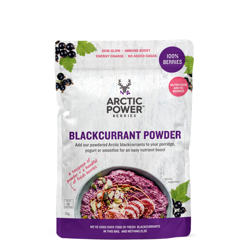 A 70g package of Arctic Power Berries Blackcurrant Powder, showcasing vibrant dark purple powder made from 100% natural Arctic blackcurrant berries from Finland, ideal for smoothies, cereals, and baking, highlighting its rich antioxidant, vitamin, and nutrient content