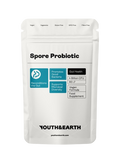 A close-up of the Youth & Earth Spore Probiotic bottle featuring clear label details and capsules inside