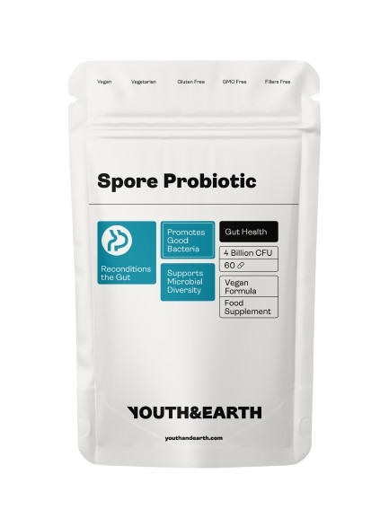 A close-up of the Youth & Earth Spore Probiotic bottle featuring clear label details and capsules inside