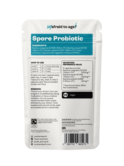 An illustration showing the capsules of Youth & Earth Spore Probiotic supplement alongside informational graphics about spore-forming probiotic strains and their benefits