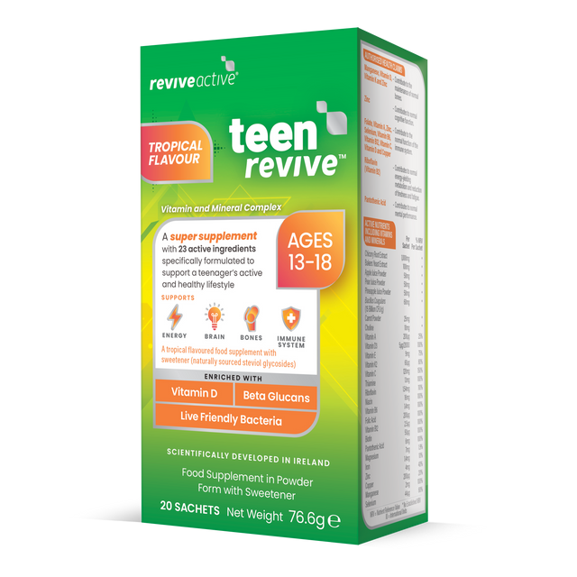 A vibrant image showing a box of Revive Active Teen - Tropical, 20 Sachets, featuring colourful sachets with tropical pineapple flavour, designed for teenagers aged 13 to 18 to support their growing bones, energy, mental performance, and immune system
