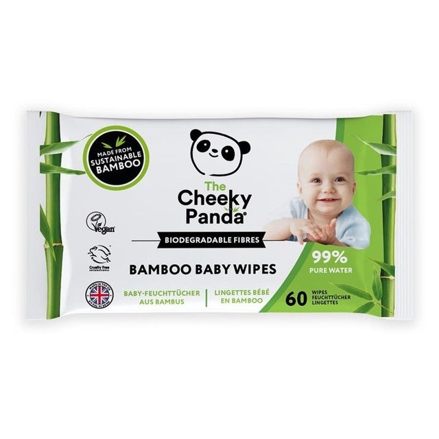A package of The Cheeky Panda biodegradable bamboo baby wipes with 60 soft, gentle wipes for delicate skin cleaning