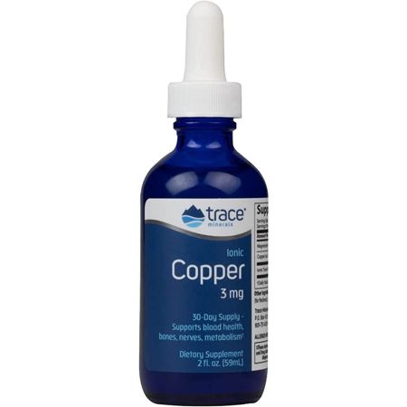 A 2 fl oz (59ml) bottle of Trace Minerals Ionic Copper Liquid showing the label with detailed product information and dosage instructions