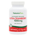 A bottle of Nature's Plus Ultra Cranberry 1000mg dietary supplement tablets with label showing product details