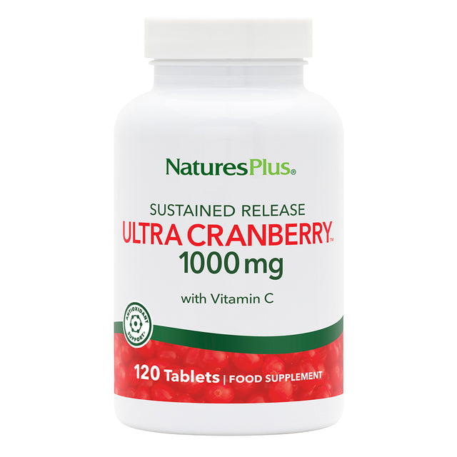 A bottle of Nature's Plus Ultra Cranberry 1000mg dietary supplement tablets with label showing product details