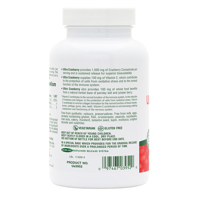 Image displaying the packaging of Nature’s Plus Ultra Cranberry 1000mg, highlighting its controlled-release and high cranberry juice solids content