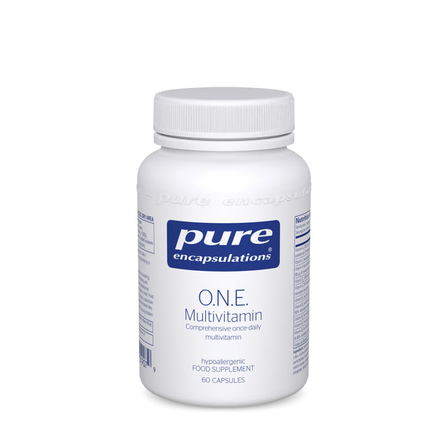 A bottle of Pure Encapsulations ONE Multivitamin capsules showing 60 vegetarian capsules containing highly bioavailable vitamins, minerals, phytonutrients, including active B vitamins, 2000 IU vitamin D3, CoQ10, lycopene, lutein, and zeaxanthin, designed for comprehensive daily nutritional support for men and women