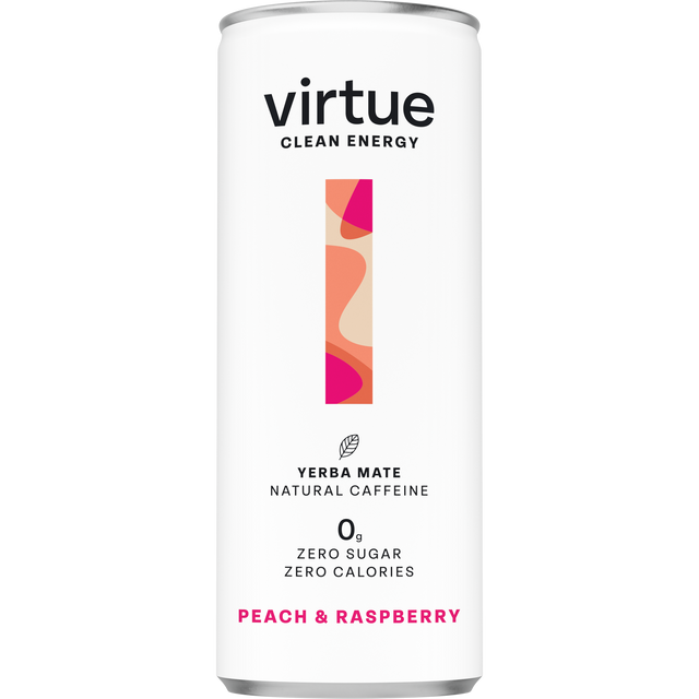 A 250ml can of Virtue Yerba Mate featuring peach and raspberry flavour, showcasing sparkling water with natural ingredients, a vibrant label, and highlighting its zero sugar, zero calories, and natural antioxidant properties