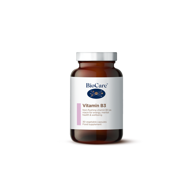 Image of BioCare Vitamin B3 30 capsules depicting a supplement container with clear label, illustrating a pack of 30 vegetarian capsules containing 100mg of niacin (Vitamin B3) per capsule, used to support normal skin, mucosal membranes, and energy metabolism