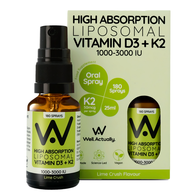 Well Actually Liposomal Vitamin D3 (2000IU's) + K2 (100mcg) Spray- Lime Crush, 25ml