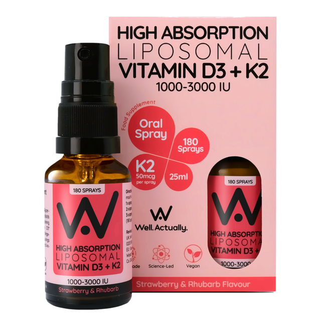 Well Actually Liposomal Vitamin D3 (2000IU's) + K2 (100mcg) Spray- Strawberry Rhubarb, 25ml