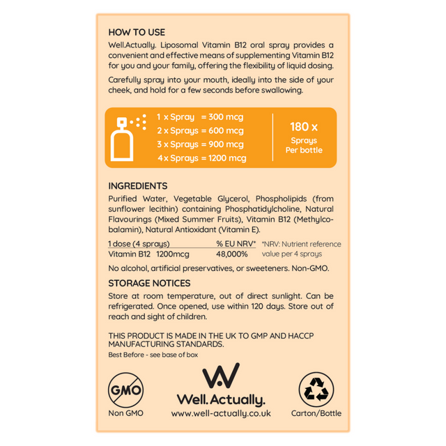 Well Actually Liposomal Vitamin B12 Methycobalamin (300 - 1200mcg) Truly Fruity Flavour Spray, 25ml