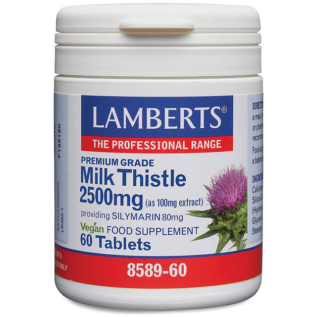 A bottle of Lamberts Milk Thistle 2500mg tablets with label showing 60 vegetarian capsules and detailed product information
