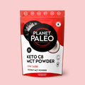 Vibrant image showcasing Planet Paleo Keto C8 MCT Powder in a clear jar with scoop, highlighting its fine white powder texture