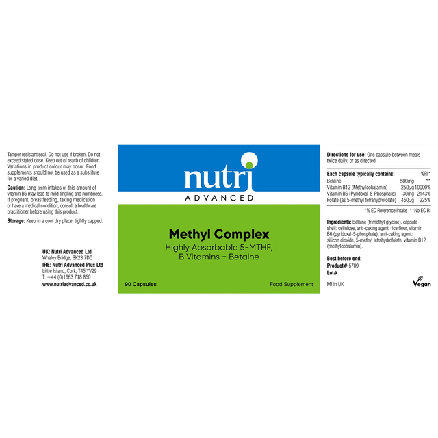 An image of Nutri Advanced Methyl Complex 90 capsules, showing the supplement bottle alongside capsules and detailed product label highlighting ingredients like folic acid, vitamin B6, B12, and betaine for supporting healthy homocysteine metabolism and cardiovascular health